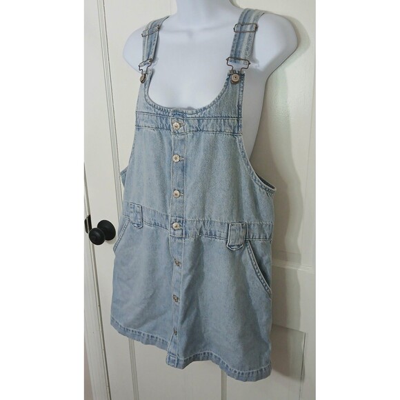 Free People We The Free Denim Pinafore Dress Light Wash Button Front Mini Large - Picture 6 of 16